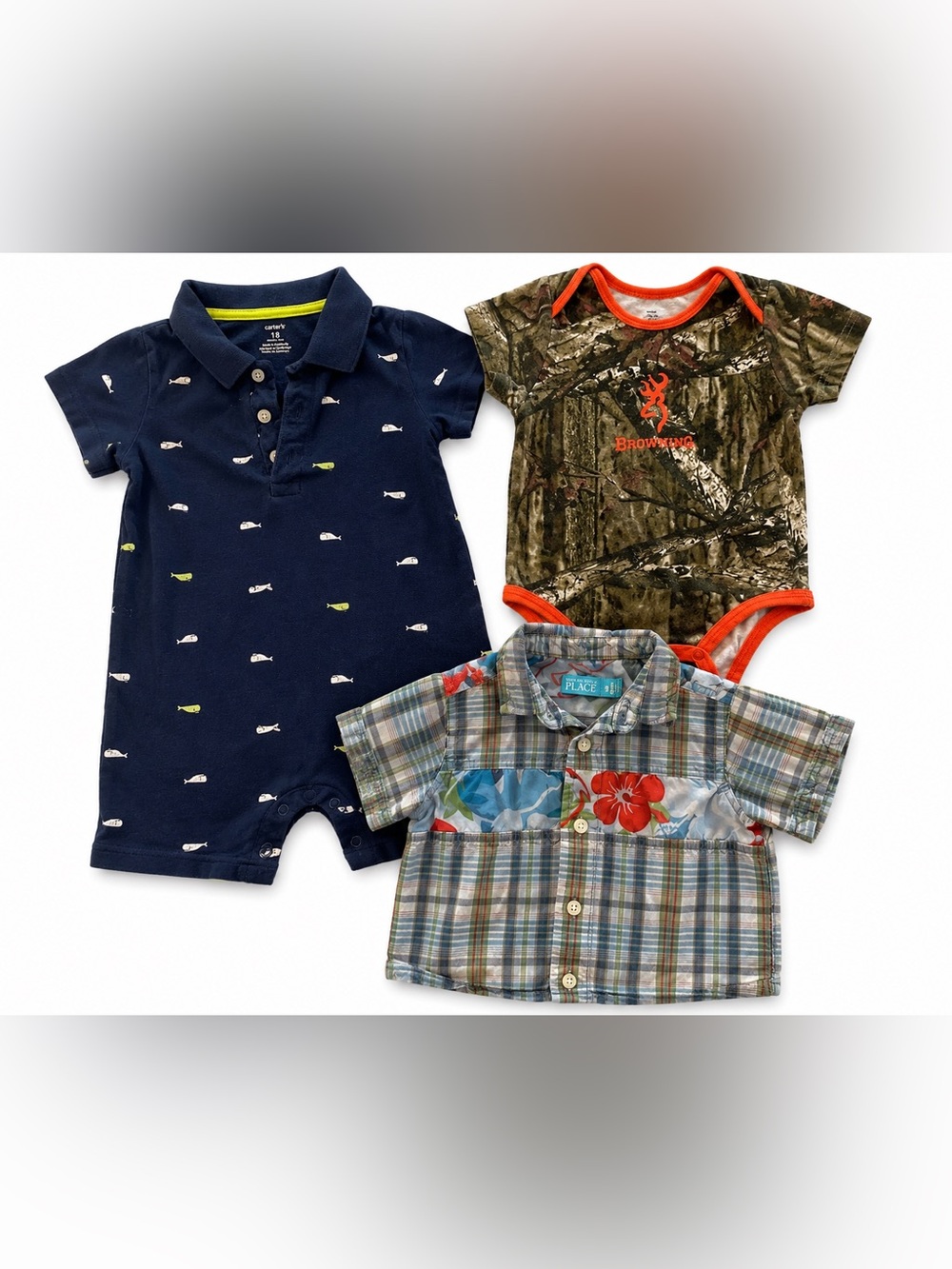3 PC Baby Boy 18M Summer Bundle Carter’s Browning Children’s Place Shirts Romper